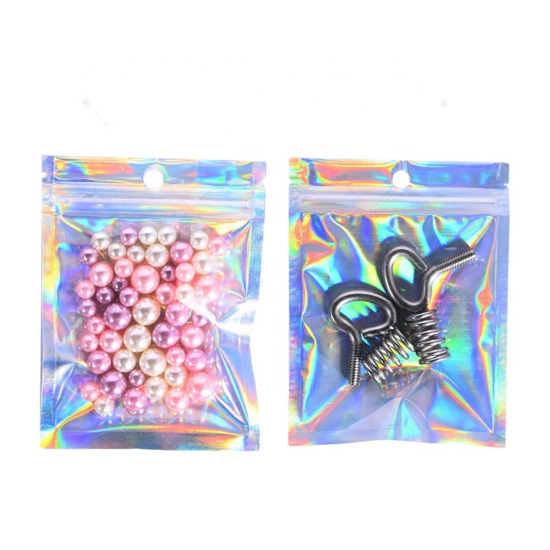Holographic Mylar Bags Custom Rainbow Color Smell Proof Resealable Flat Mini Zip-lock Packaging Bag for Food Storage