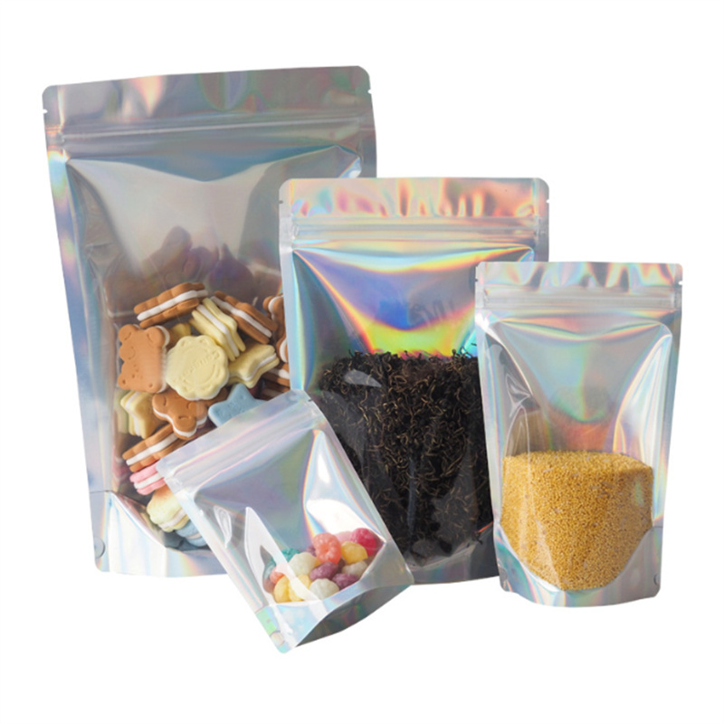 Custom Holographic Mylar Ziplock Bags Colorful Aluminum Foil Hologram Snack Candy Food Pouch Stand up Zipper Holographic Bag